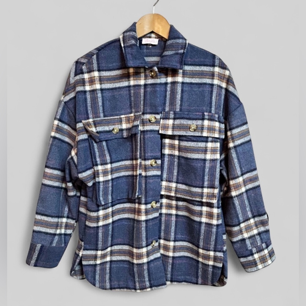 Pink Lily Blue Plaid Wool Blend Shacket Size Small